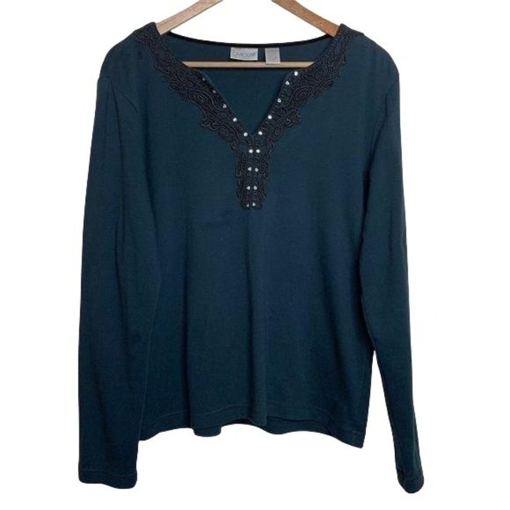 Chico's Blouse Black Long Sleeve Cut V-Neck Lace Rhinestone Tee Shirt Medium